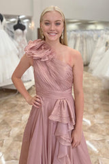 Long A Line Prom Dress with Ruffles in Blush One Shoulder Design