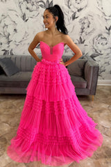 Long Tiered Prom Dress in Fuchsia Tulle for Sweetheart Princess