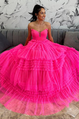 Long Tiered Prom Dress in Fuchsia Tulle for Sweetheart Princess