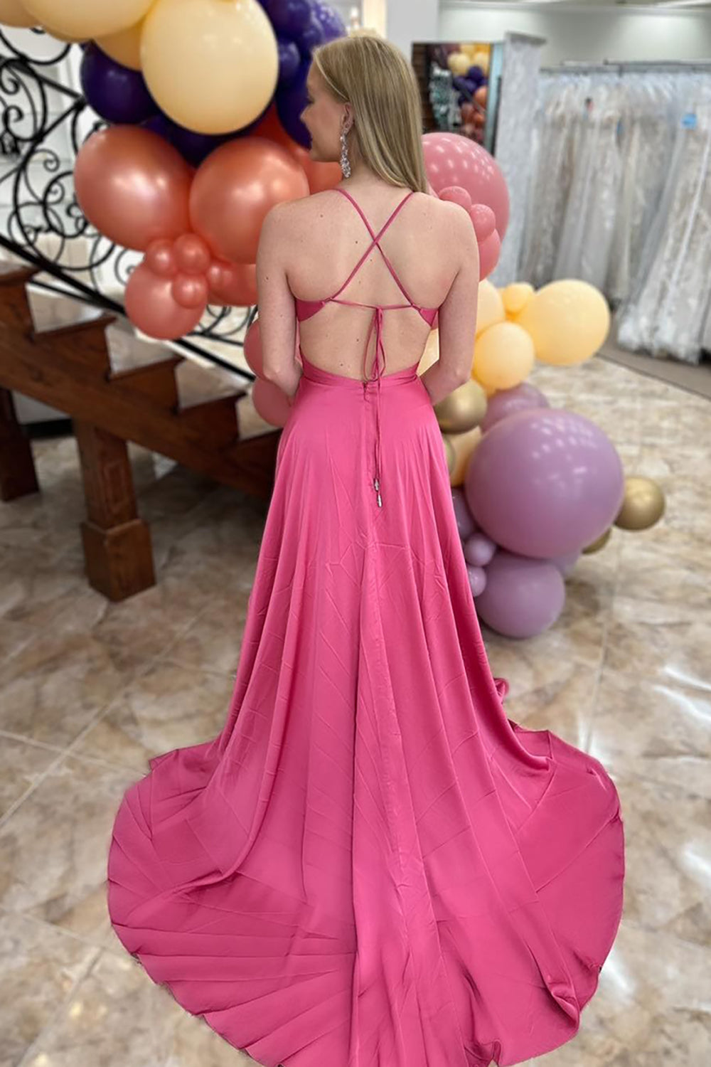 Long Prom Dress in Fuchsia Satin with Spaghetti Straps and Mermaid Cut-out