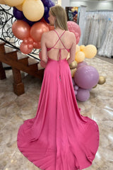 Long Prom Dress in Fuchsia Satin with Spaghetti Straps and Mermaid Cut-out