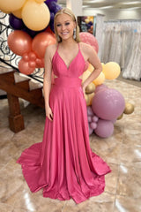 Long Prom Dress in Fuchsia Satin with Spaghetti Straps and Mermaid Cut-out
