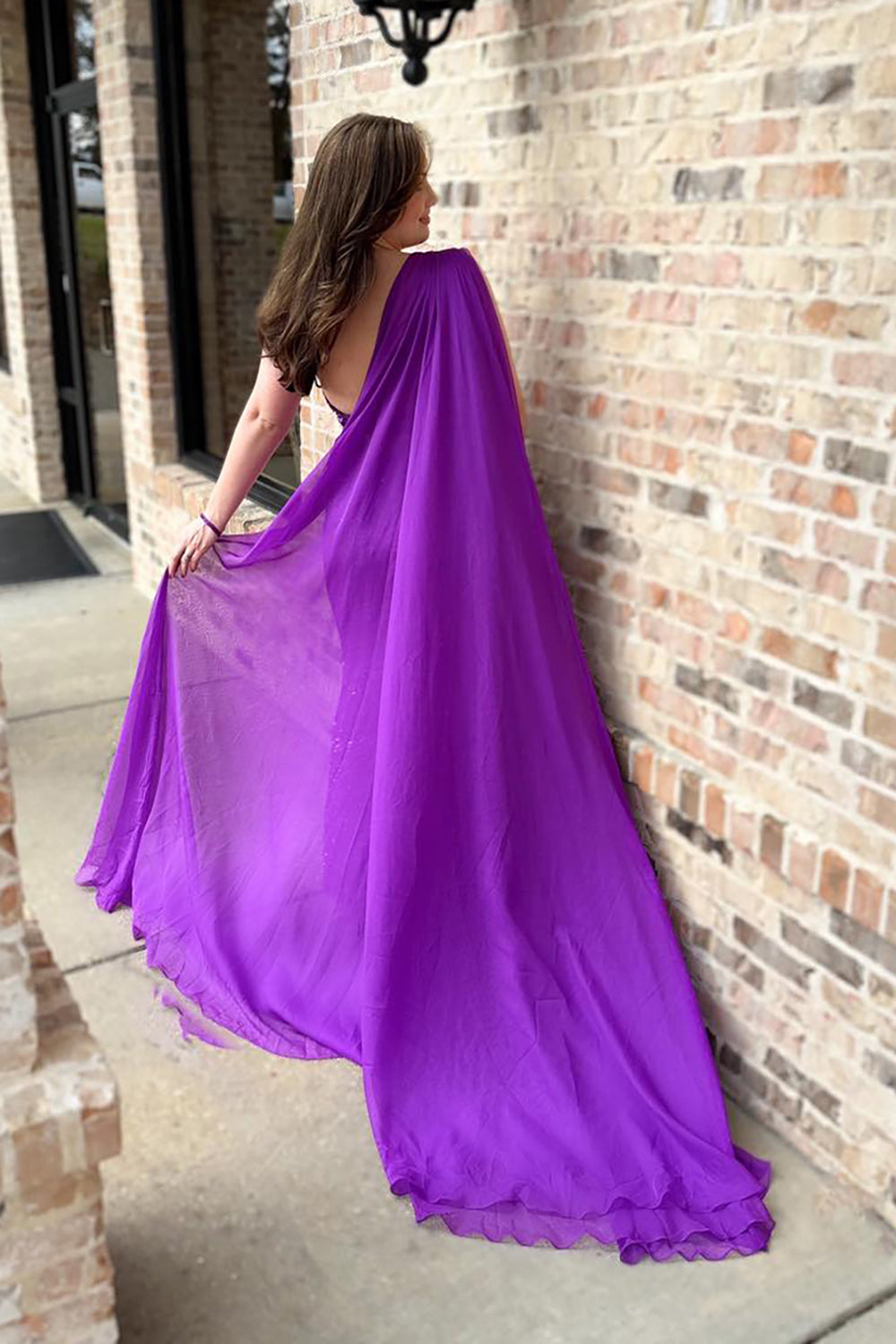 Prom Jumpsuit with Grape Sequin Spaghetti Straps and Tulle Cape