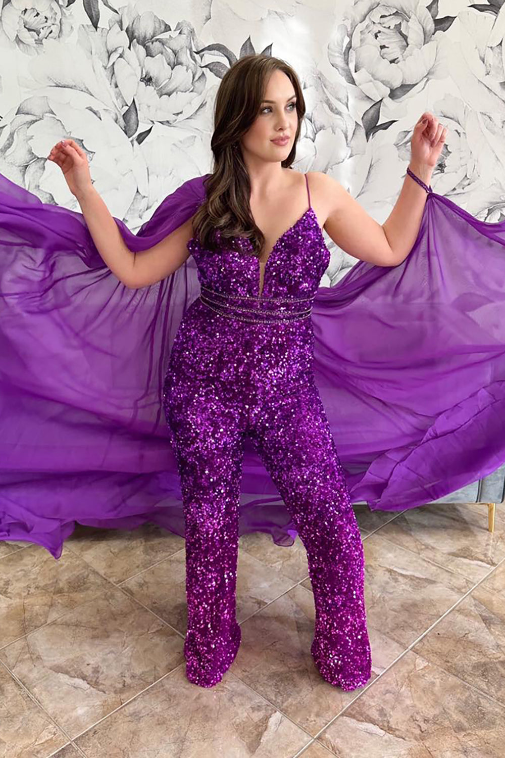 Prom Jumpsuit with Grape Sequin Spaghetti Straps and Tulle Cape