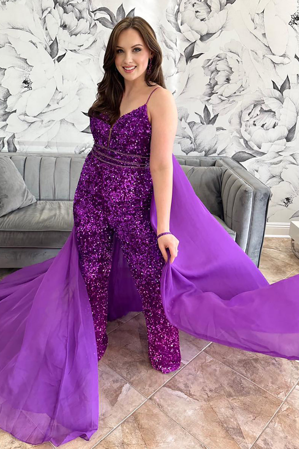 Prom Jumpsuit with Grape Sequin Spaghetti Straps and Tulle Cape