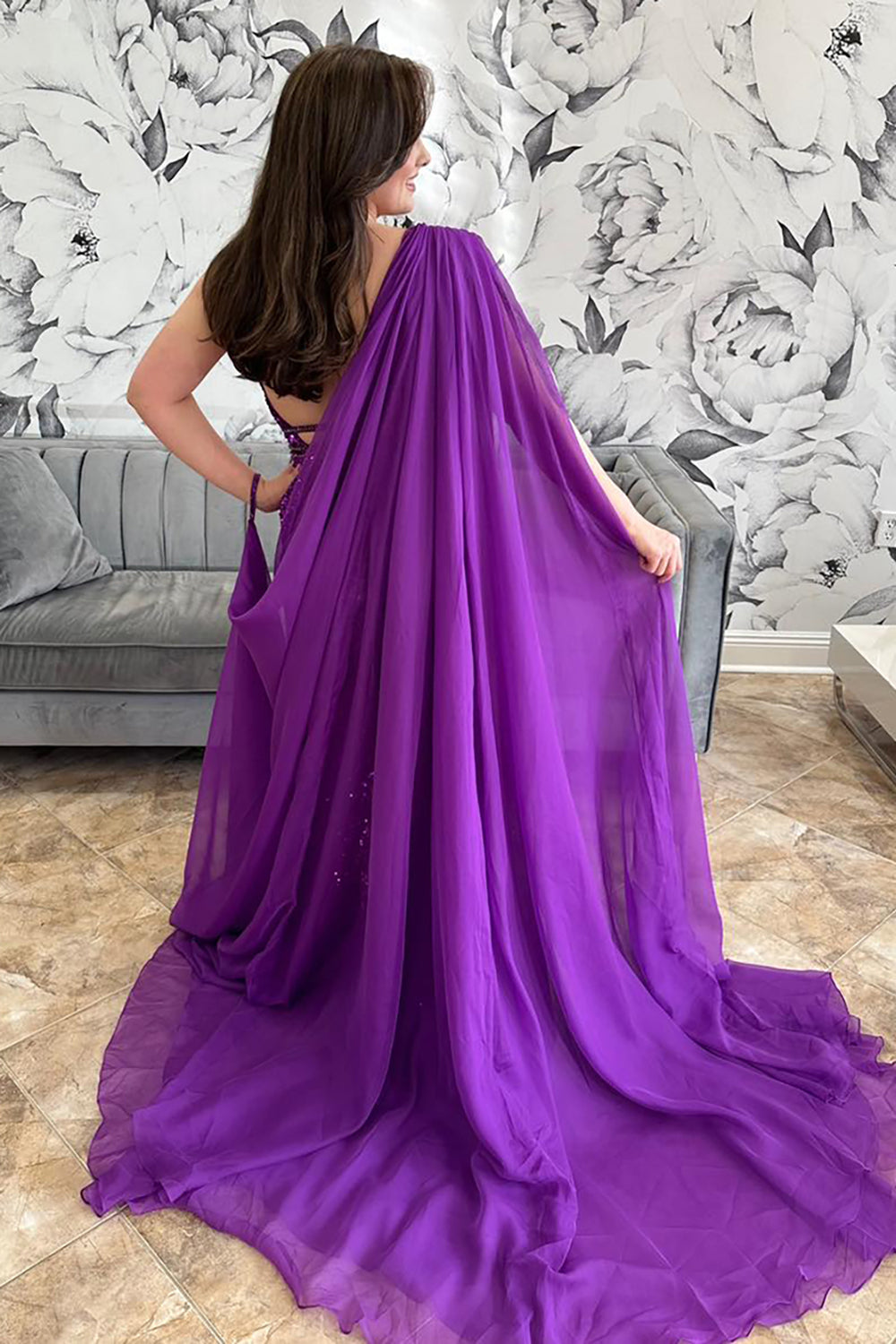 Prom Jumpsuit with Grape Sequin Spaghetti Straps and Tulle Cape
