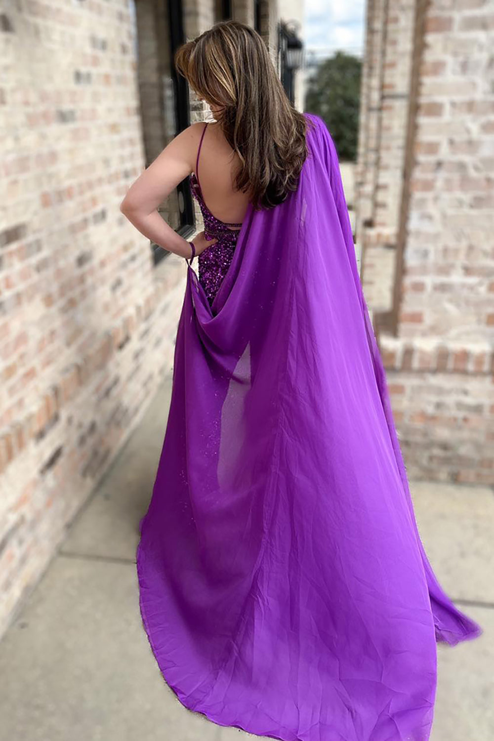Prom Jumpsuit with Grape Sequin Spaghetti Straps and Tulle Cape
