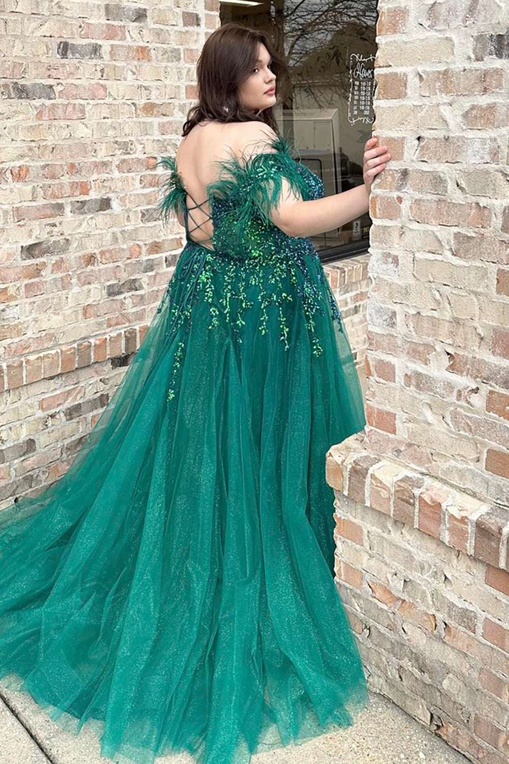 Long Emerald Green Sparkly Princess Prom Dress with Feather and Off-The-Shoulder Sequins Tulle