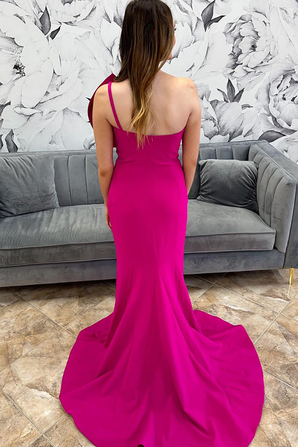 Long One-Shoulder Mermaid Prom Dress in Fuchsia with Bow