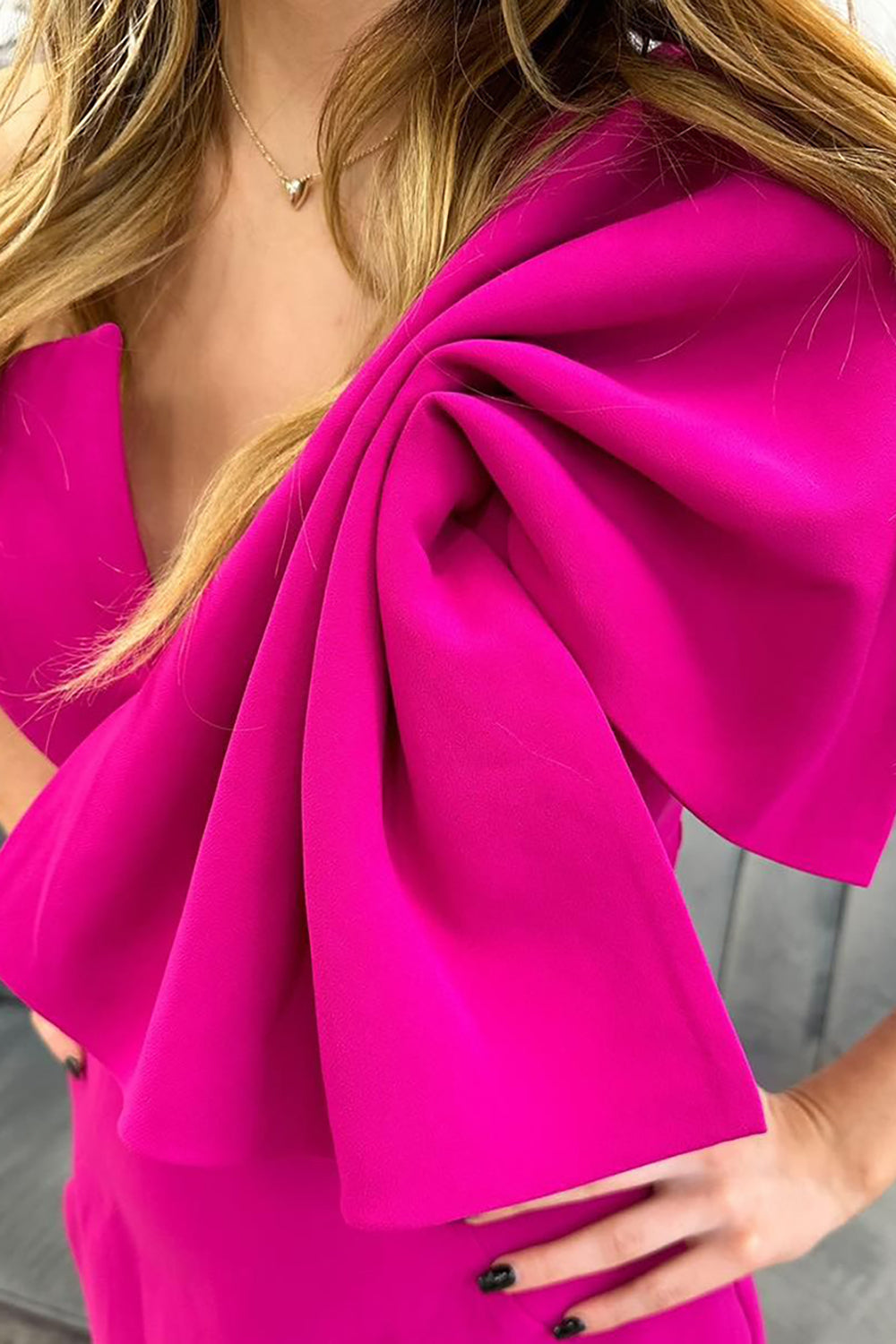 Long One-Shoulder Mermaid Prom Dress in Fuchsia with Bow