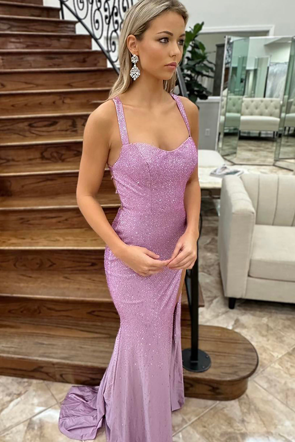 Fuchsia Beaded Mermaid Prom Dress with Sparkly Spaghetti Straps and Long Slit