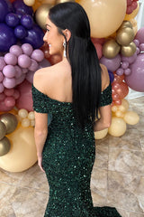 Long Dark Green Sparkly Sequin Mermaid Prom Dress with Off-Shoulder Design