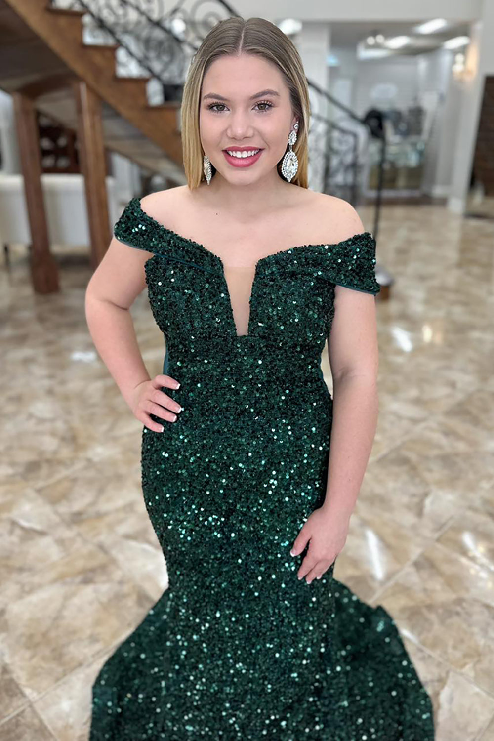 Long Dark Green Sparkly Sequin Mermaid Prom Dress with Off-Shoulder Design