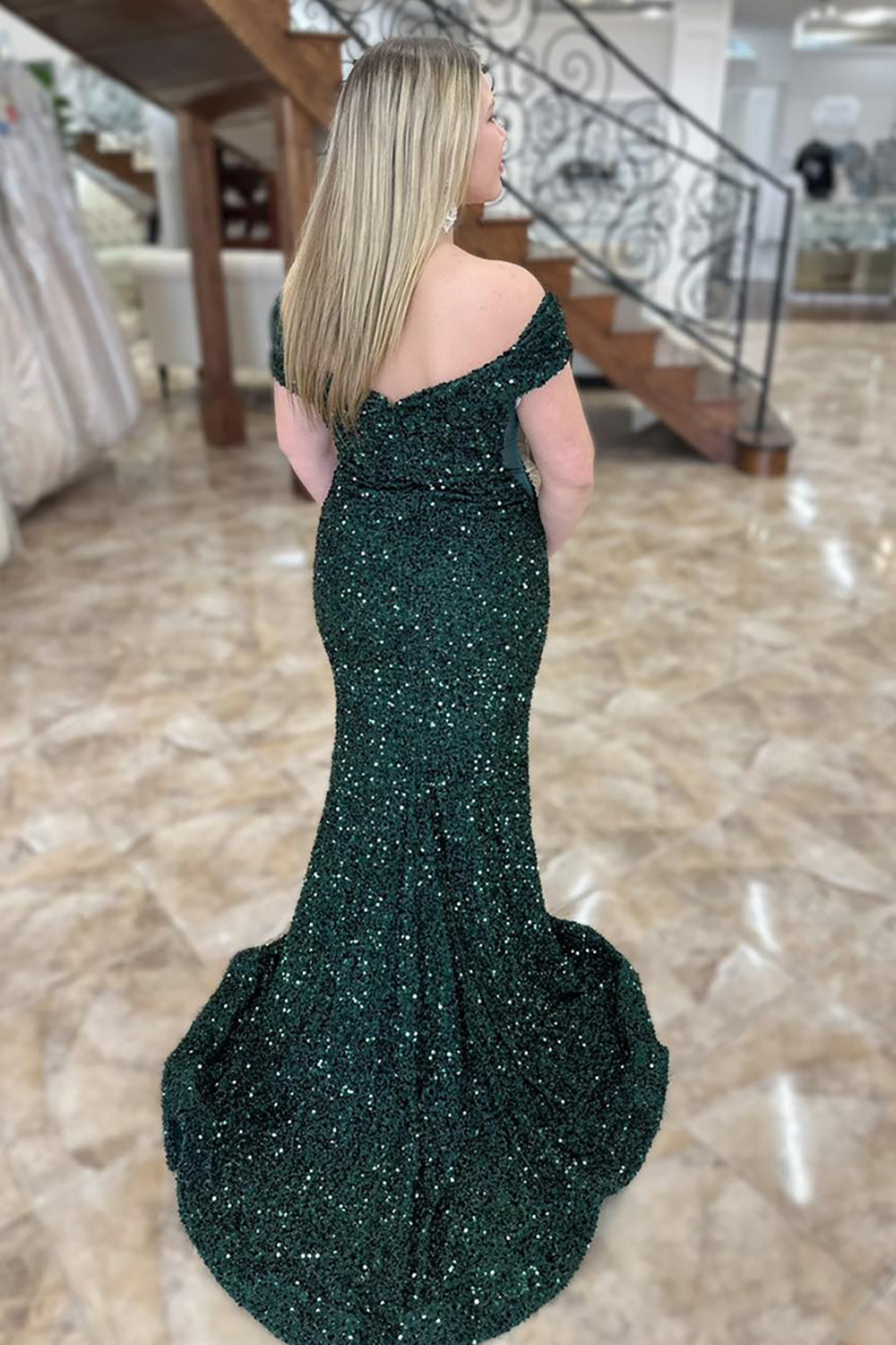 Long Dark Green Sparkly Sequin Mermaid Prom Dress with Off-Shoulder Design