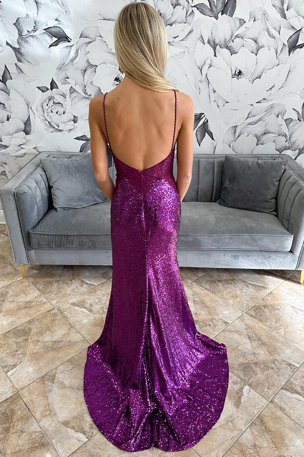 Long Sparkly Grape Mermaid Prom Dress with Sequins and Spaghetti Straps Featuring a Slit