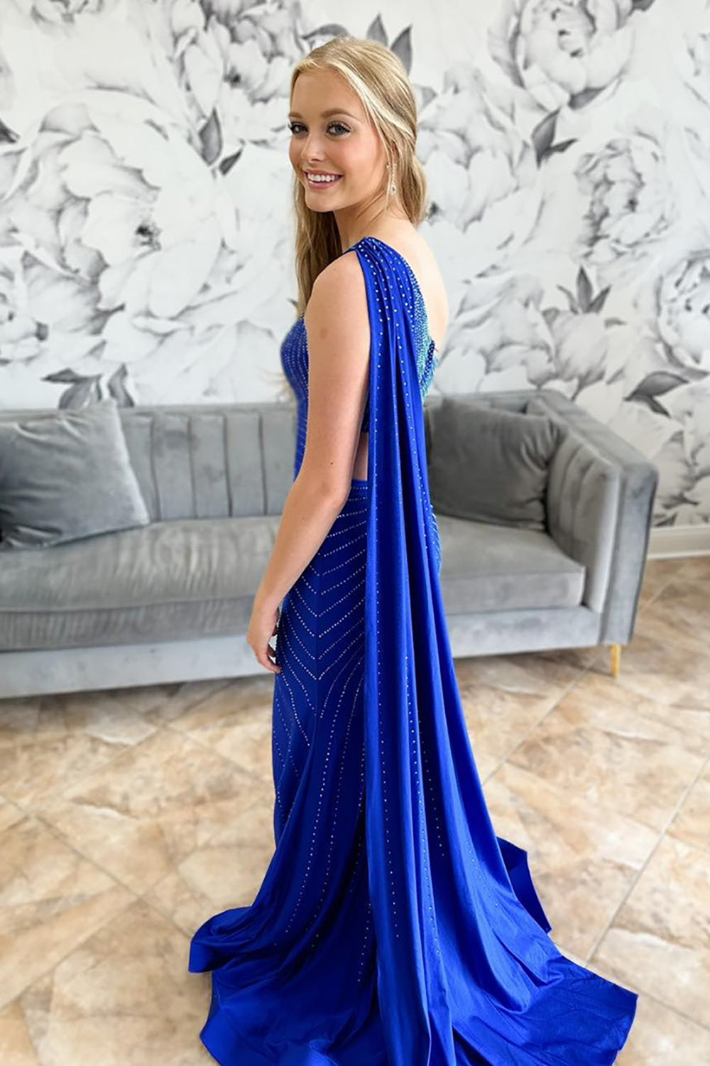 Royal Blue Sparkly Beaded Mermaid Gown with One Shoulder and Slit