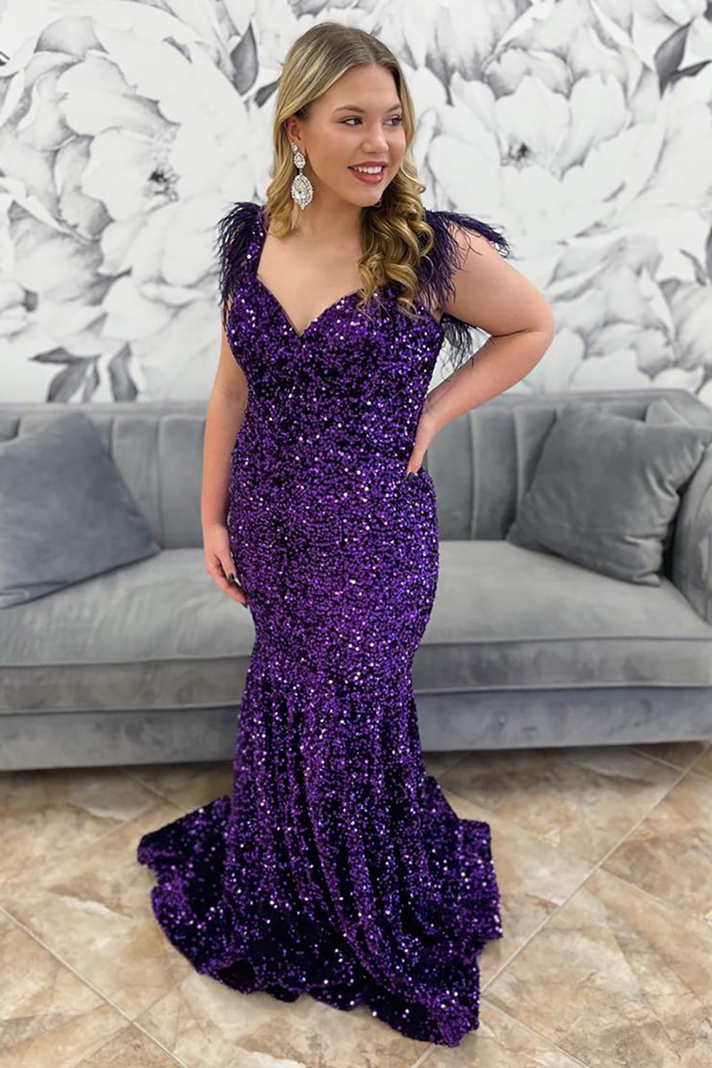 Sequined Mermaid Prom Dress in Sparkly Grape with Feather Trim and Off-Shoulder Neckline