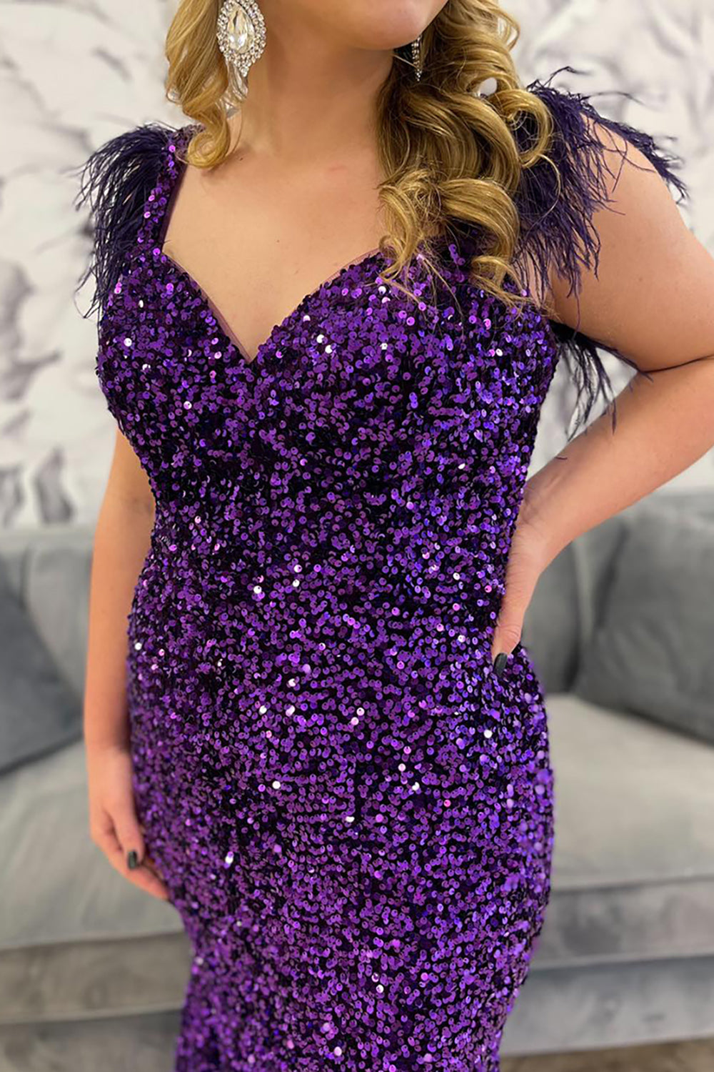 Sequined Mermaid Prom Dress in Sparkly Grape with Feather Trim and Off-Shoulder Neckline