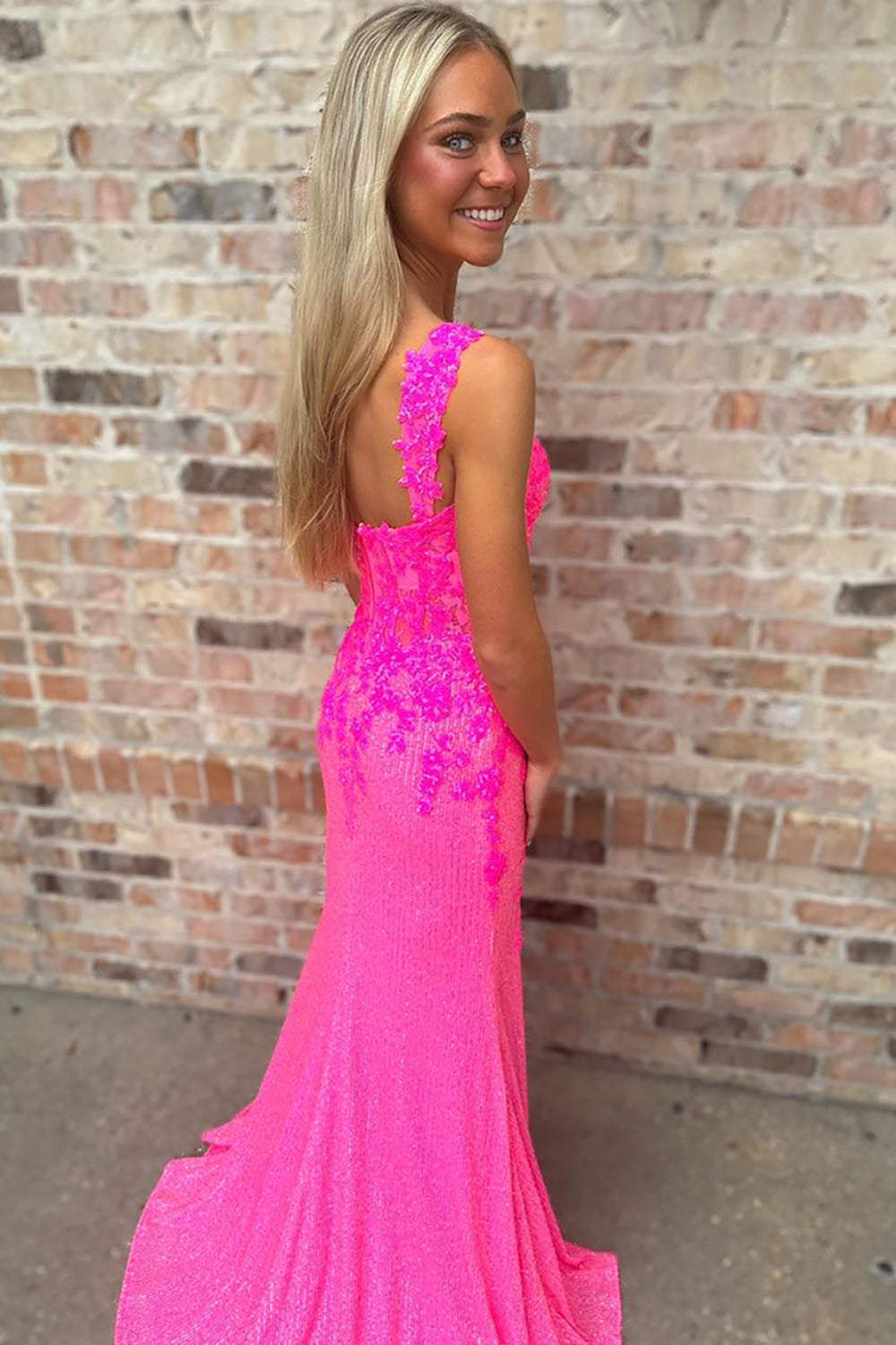 Long Mermaid Prom Dress in Sparkly Hot Pink with Off-Shoulder Design and Appliques