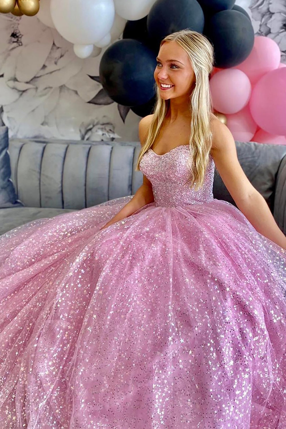 Long Pink Sequined Prom Dress with Sparkly Tulle and Sweetheart Neckline