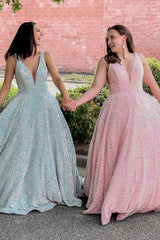 Princess V Neck Long Prom Dress with Sparkly Pink Sequins