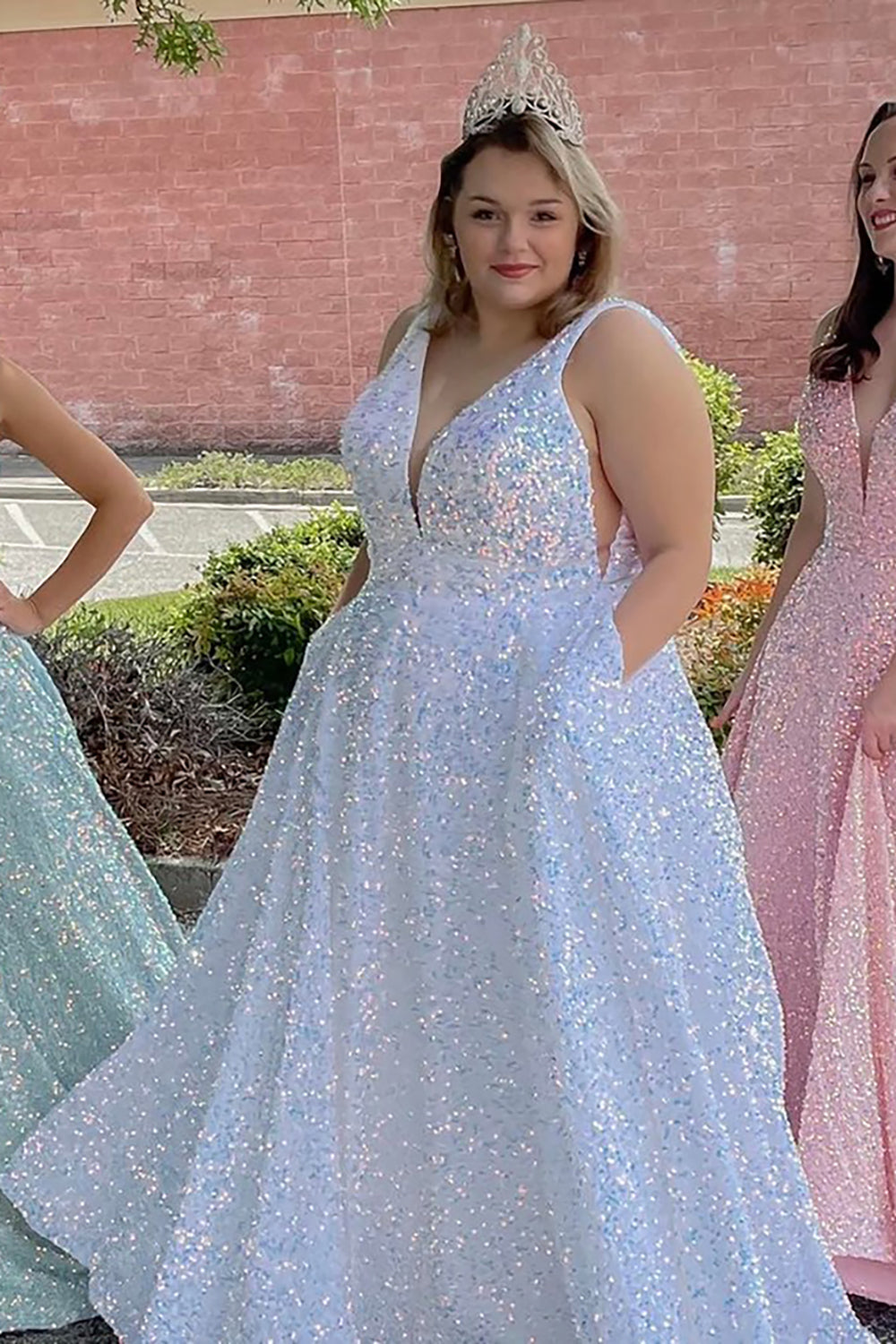 Princess V Neck Long Prom Dress with Sparkly Pink Sequins