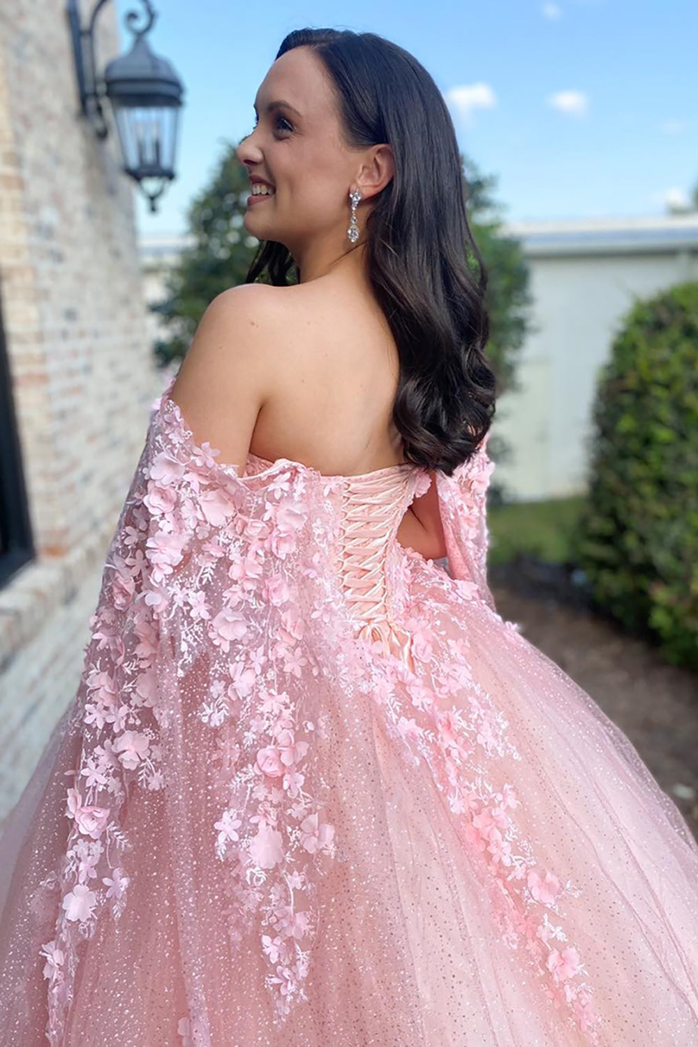 Pink Sparkle Tulle Corset Prom Dress with Floral Off-Shoulder Princess Design