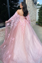 Pink Sparkle Tulle Corset Prom Dress with Floral Off-Shoulder Princess Design