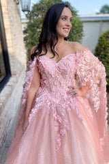 Pink Sparkle Tulle Corset Prom Dress with Floral Off-Shoulder Princess Design