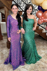 Long Purple Sequin Mermaid Prom Dress with One Shoulder Sparkle