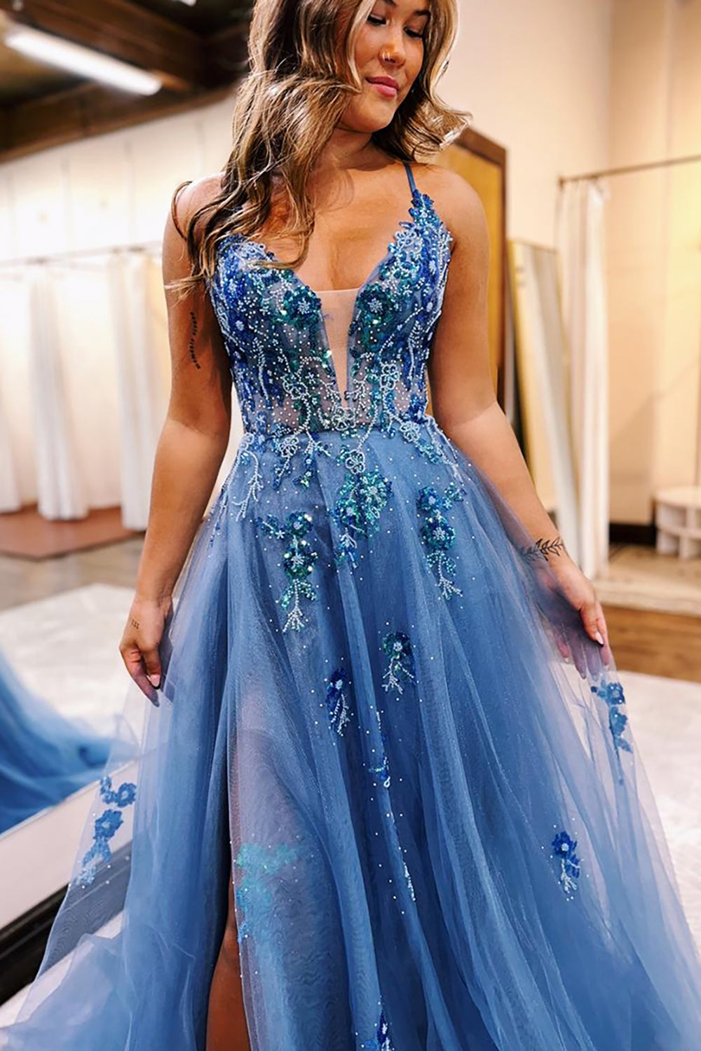 Long A-Line Prom Dress in Sparkly Sage Tulle with Spaghetti Straps and Applique
