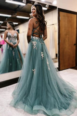 Long A-Line Prom Dress in Sparkly Sage Tulle with Spaghetti Straps and Applique