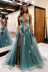Long A-Line Prom Dress in Sparkly Sage Tulle with Spaghetti Straps and Applique