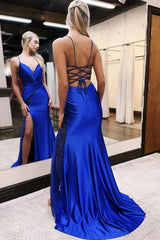 Elegant Mermaid Prom Dress in Royal Blue Satin with Beaded Spaghetti Straps