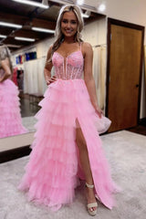 Princess A-Line Long Corset Prom Dress in Pink with Tulle Tiered Skirt and Spaghetti Straps Applique