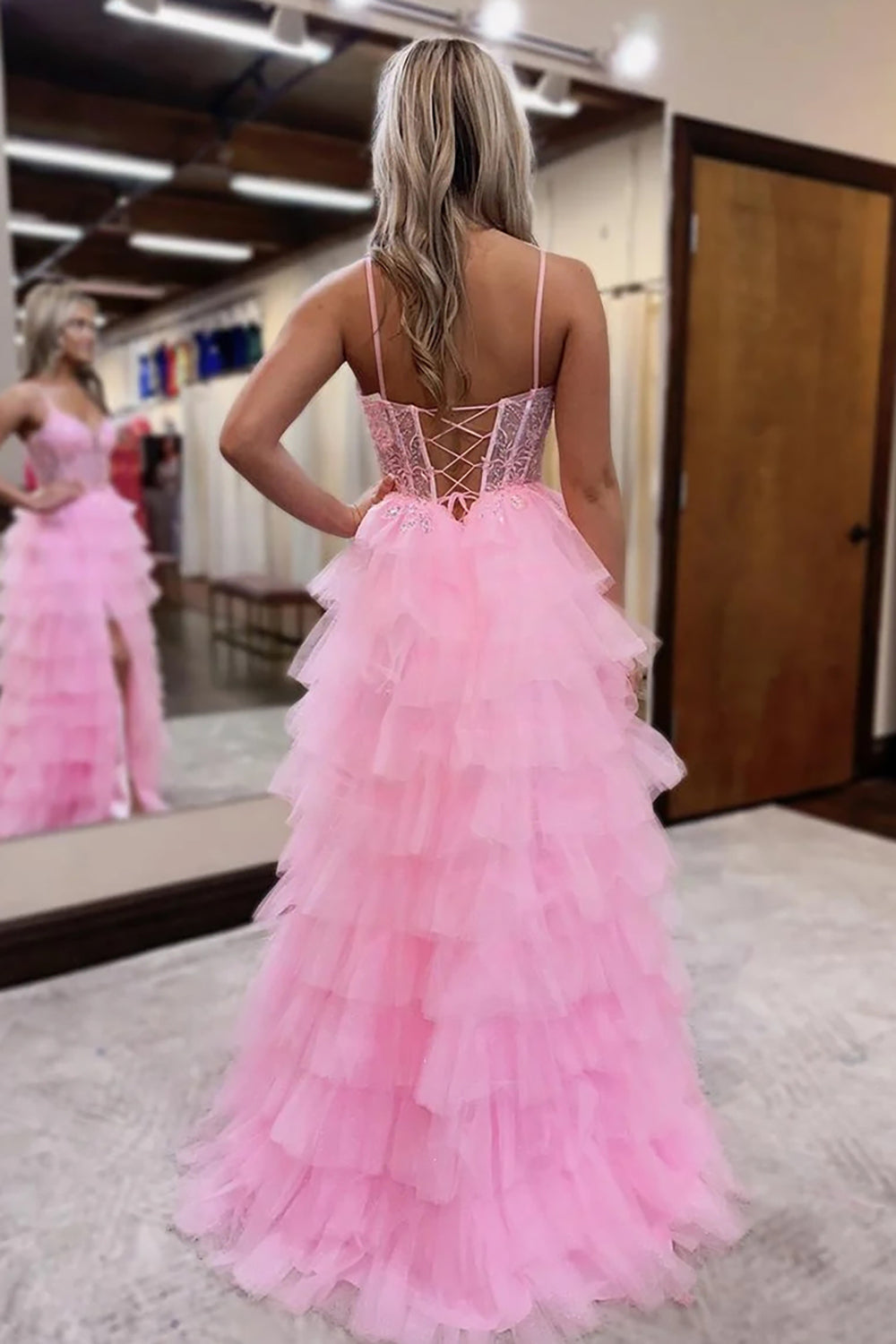 Princess A-Line Long Corset Prom Dress in Pink with Tulle Tiered Skirt and Spaghetti Straps Applique