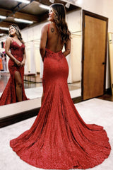 Long Sequin Mermaid Prom Dress with Dark Red Spaghetti Straps and Applique
