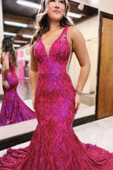 Long Prom Dress with Sparkly Fuchsia Sequin Mermaid V Neck