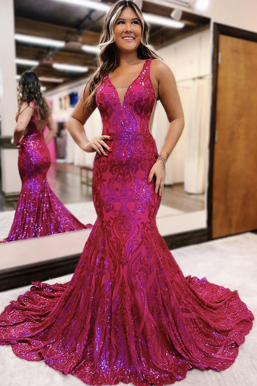 Long Prom Dress with Sparkly Fuchsia Sequin Mermaid V Neck