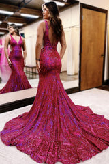 Long Prom Dress with Sparkly Fuchsia Sequin Mermaid V Neck