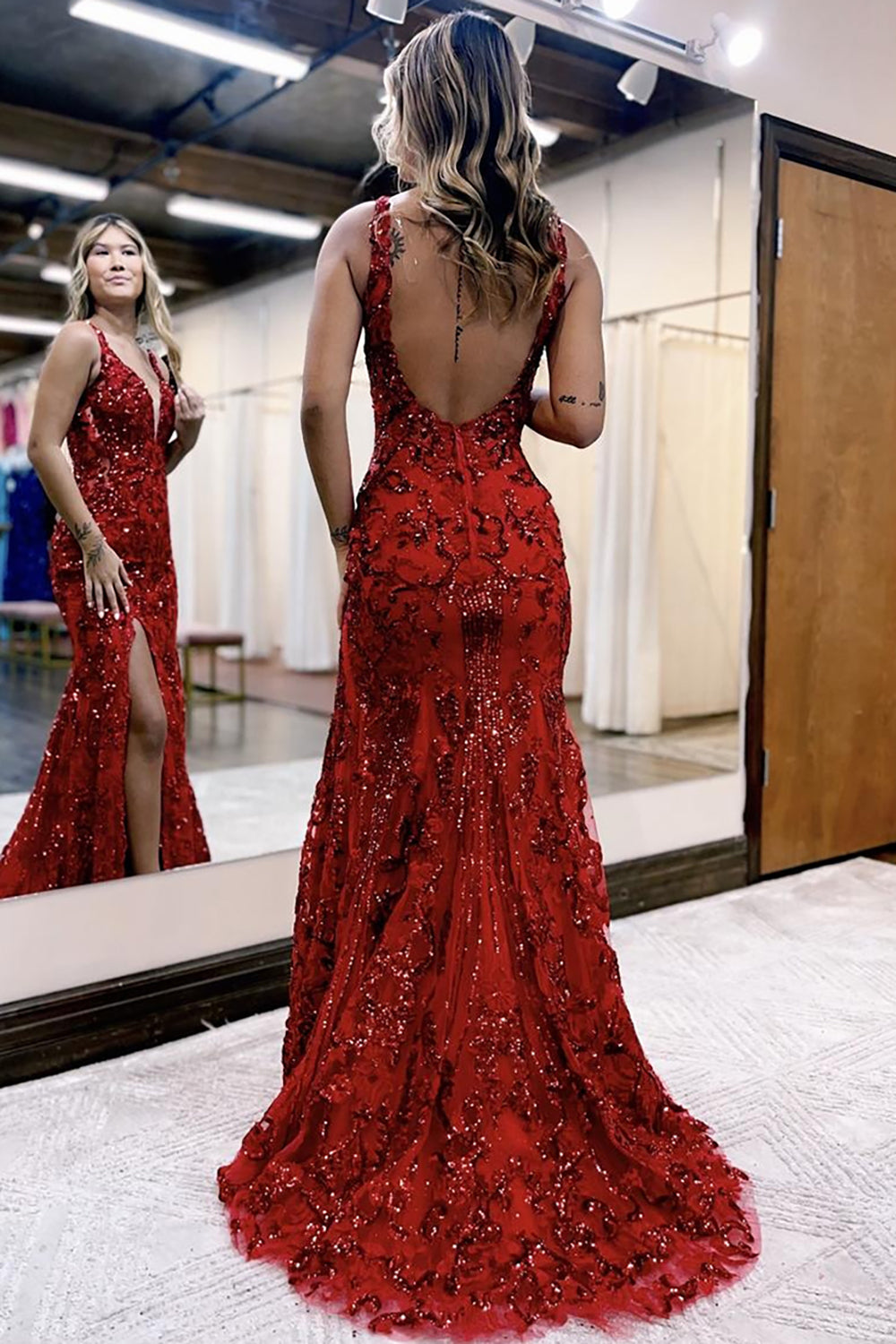 Long V-Neck Mermaid Prom Dress in Sparkly Dark Red with Sequin Slit