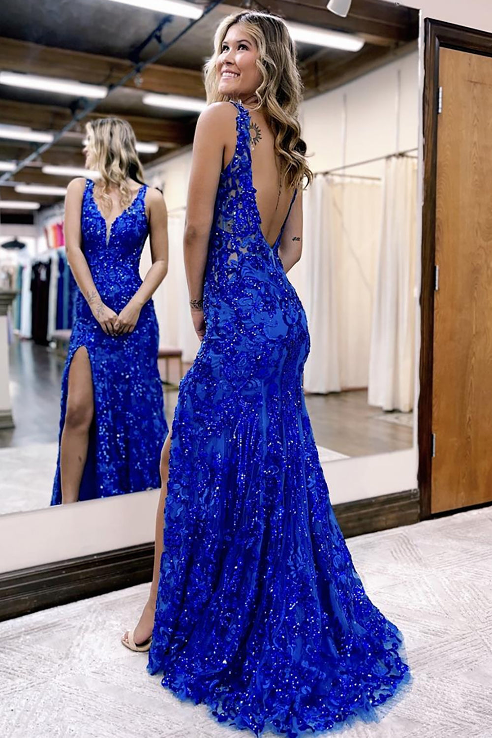 Long V-Neck Mermaid Prom Dress in Sparkly Dark Red with Sequin Slit