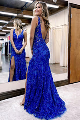 Long V-Neck Mermaid Prom Dress in Sparkly Dark Red with Sequin Slit