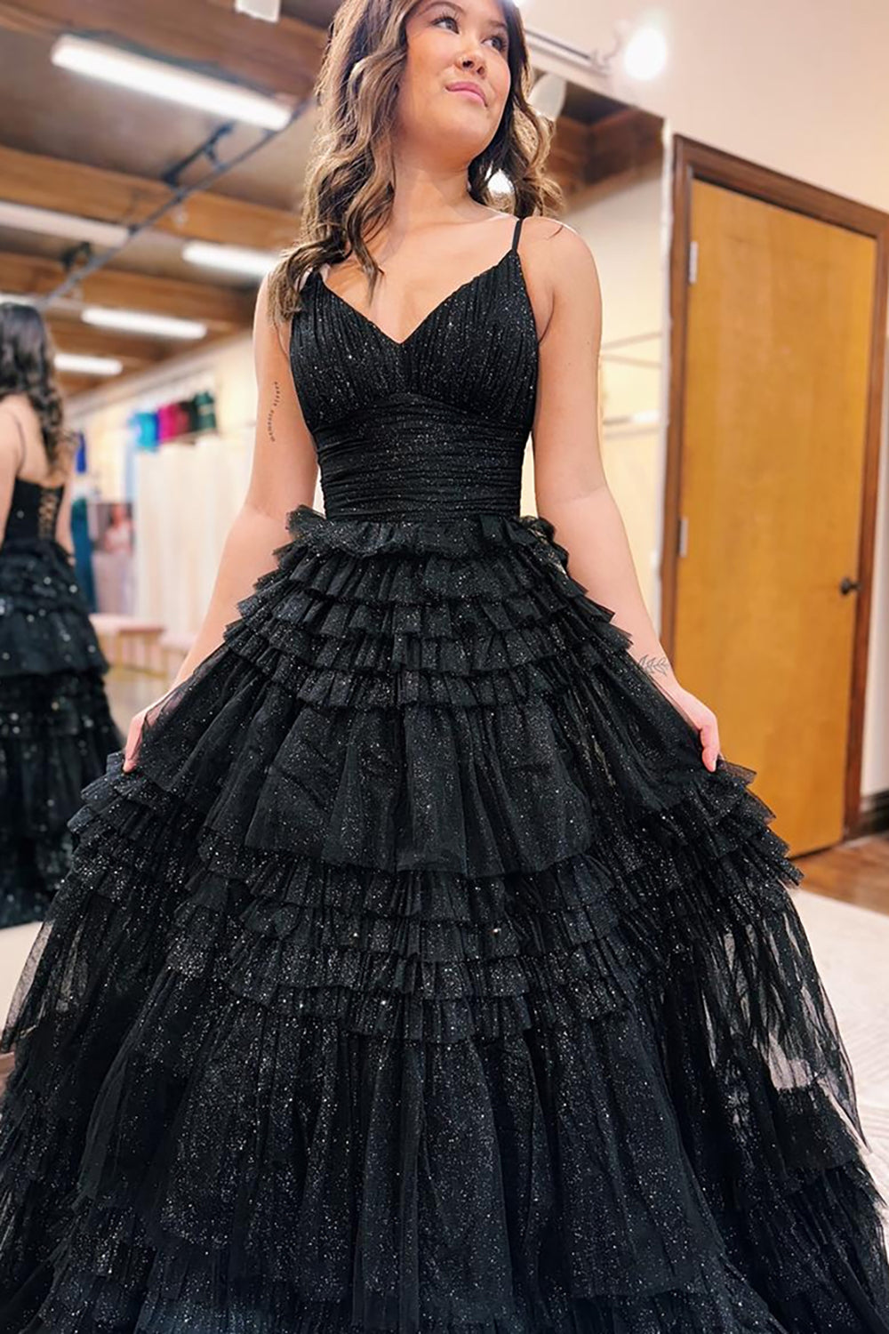 Princess Long Prom Dress with Sparkly Black Spaghetti Straps and Tiered Tulle A-Line