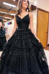 Princess Long Prom Dress with Sparkly Black Spaghetti Straps and Tiered Tulle A-Line