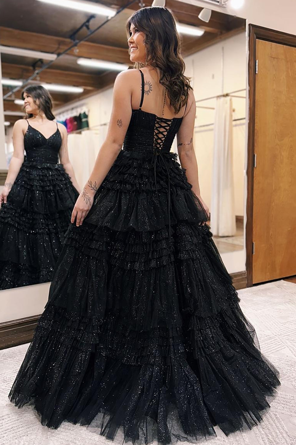 Princess Long Prom Dress with Sparkly Black Spaghetti Straps and Tiered Tulle A-Line