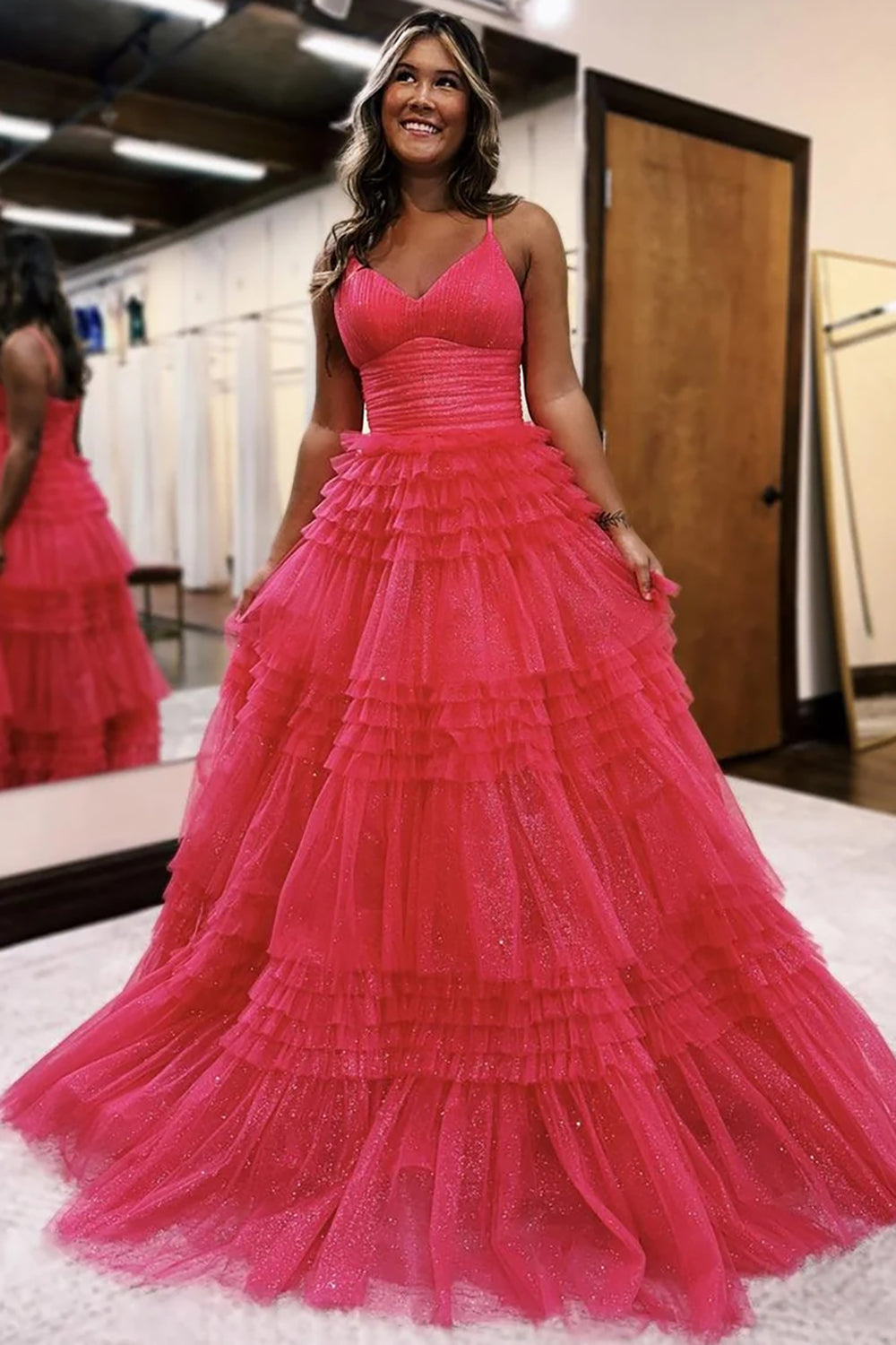 Princess Long Prom Dress with Sparkly Black Spaghetti Straps and Tiered Tulle A-Line