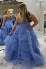 Princess Long Prom Dress with Sparkly Black Spaghetti Straps and Tiered Tulle A-Line