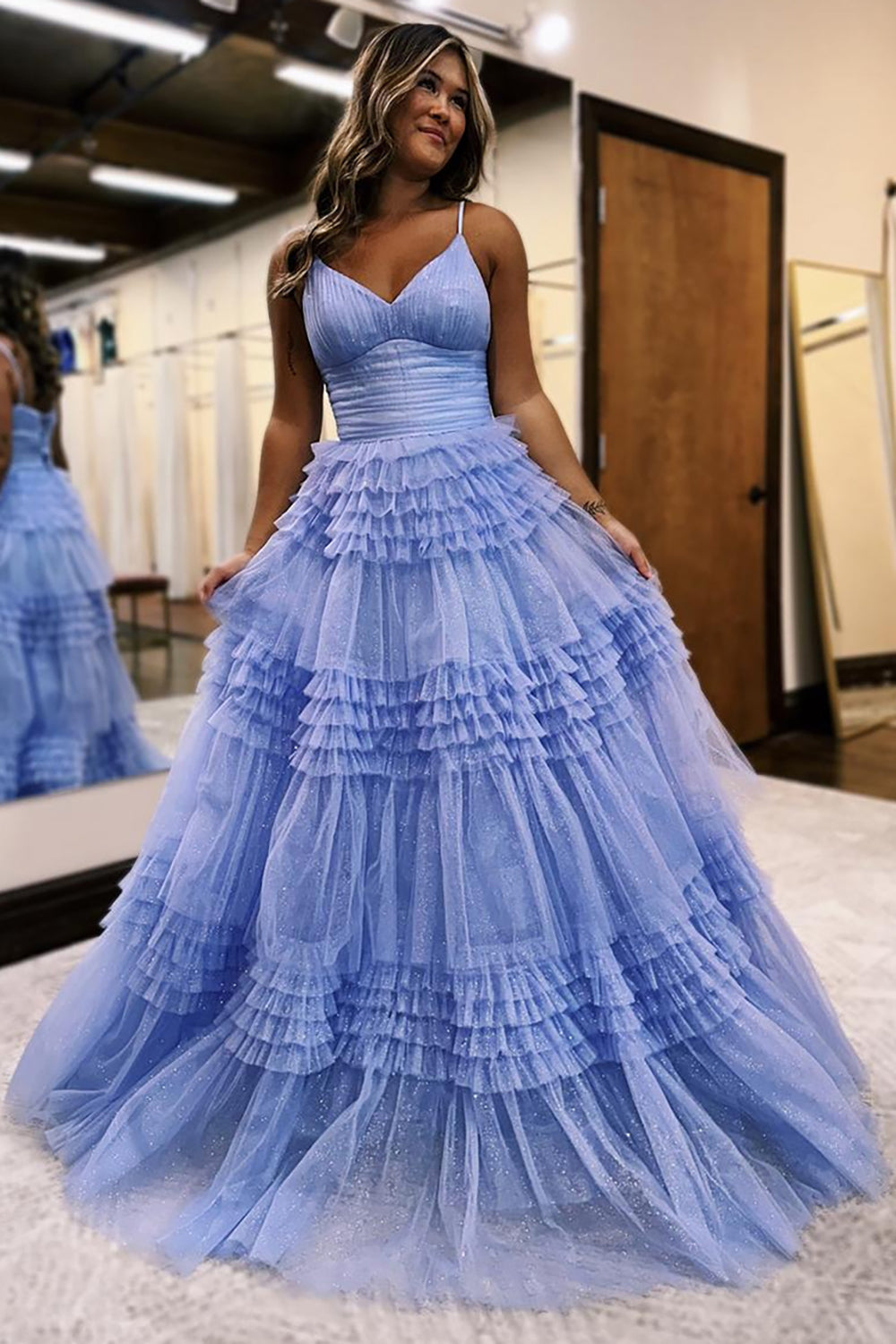 Princess Long Prom Dress with Sparkly Black Spaghetti Straps and Tiered Tulle A-Line