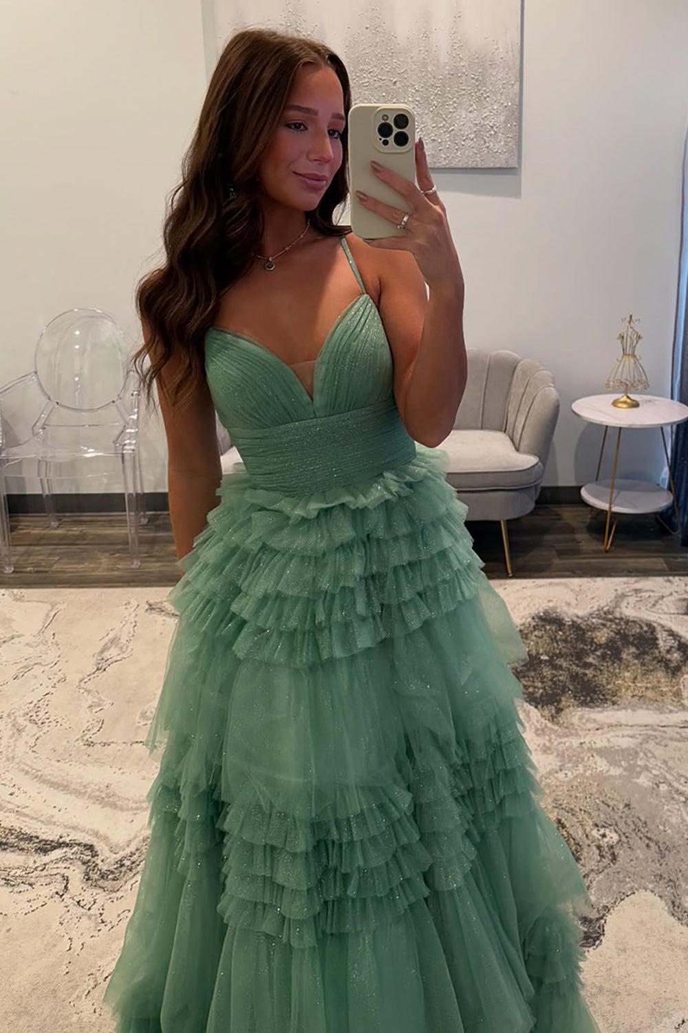 Princess Long Prom Dress with Sparkly Black Spaghetti Straps and Tiered Tulle A-Line